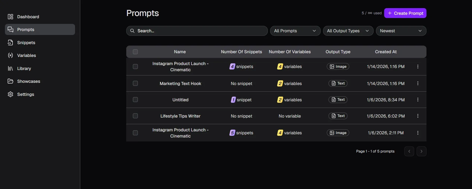 Prompt page showing a structured prompt editor