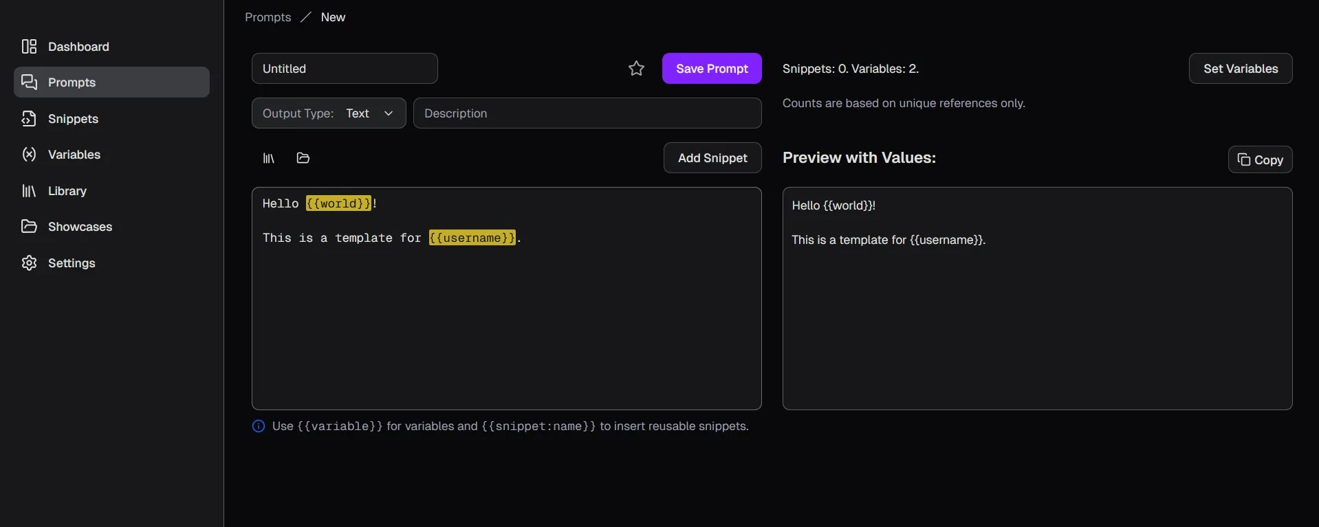 Prompt editor with variable placeholders highlighted