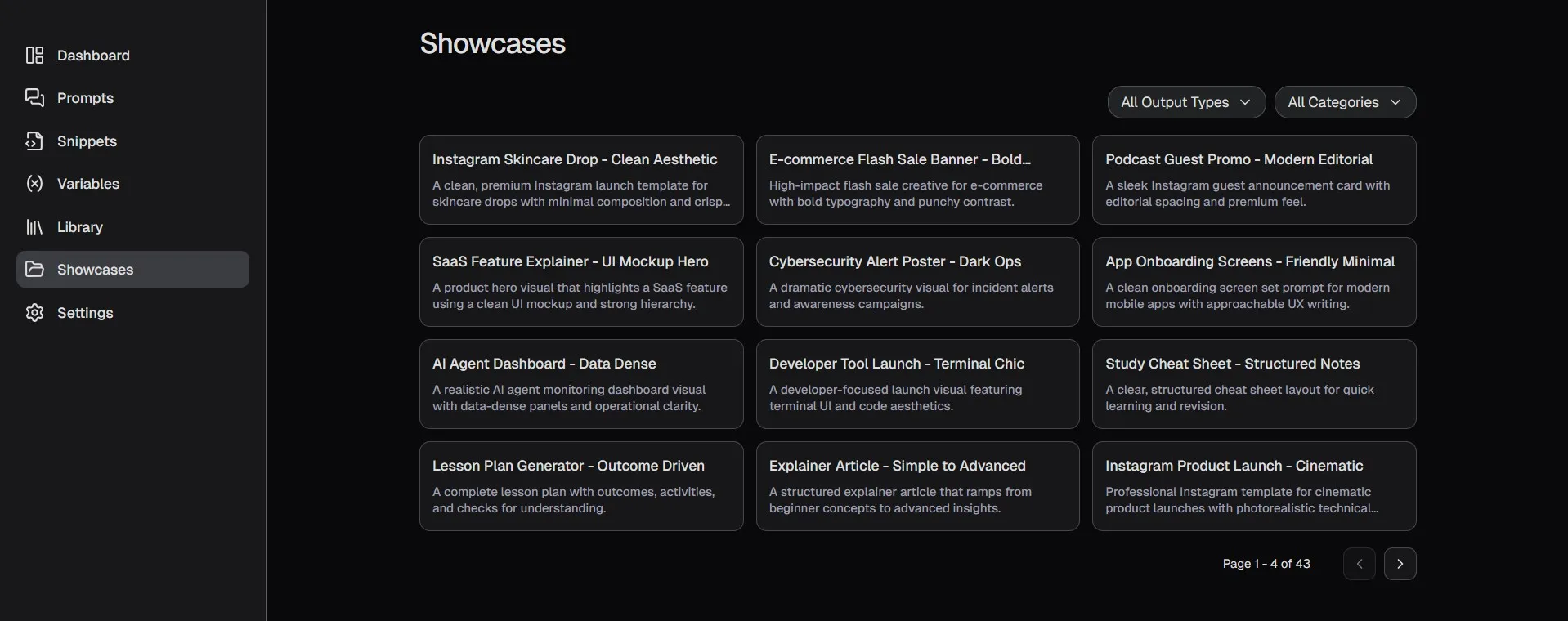 Public showcase page displaying shared prompts