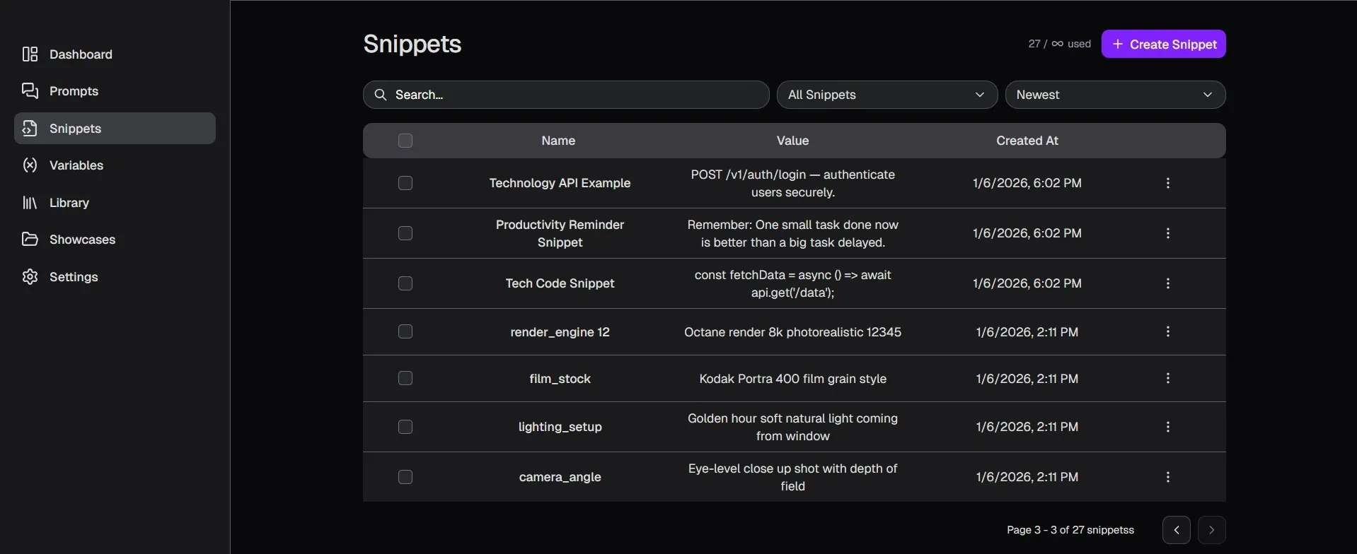 Snippet library showing reusable prompt pieces
